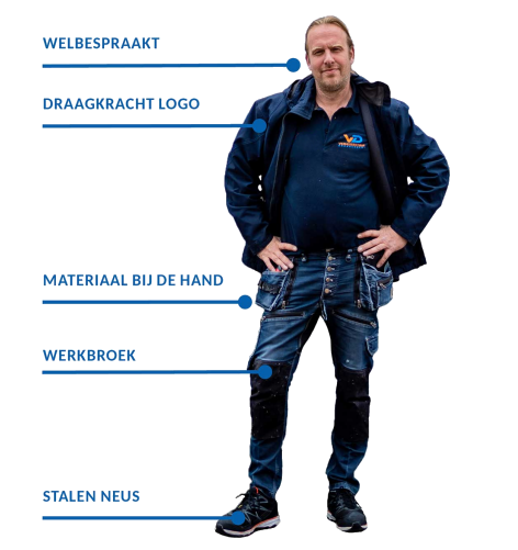 Verhuizer van Verhuisbedrijf Draagkracht in werkkleding: welbespraakt, Draagkracht-logo op de polo, materiaal bij de hand, werkbroek en schoenen met stalen neus