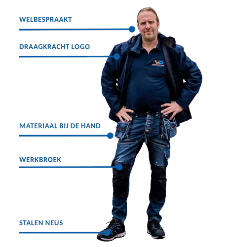 Verhuizer van Verhuisbedrijf Draagkracht in werkkleding: welbespraakt, Draagkracht-logo op de polo, materiaal bij de hand, werkbroek en schoenen met stalen neus