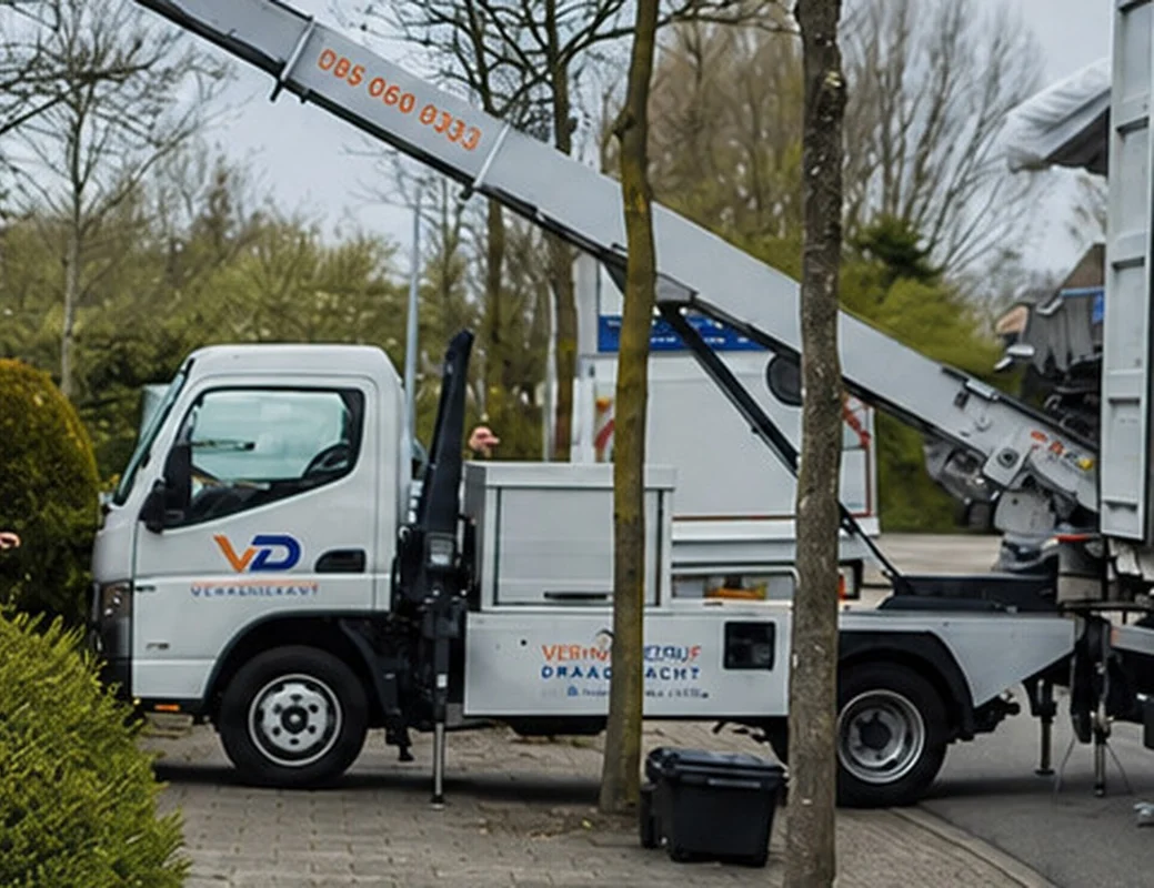 Liftwagen van Verhuisbedrijf Draagkracht met de lift omhoog bij een woning