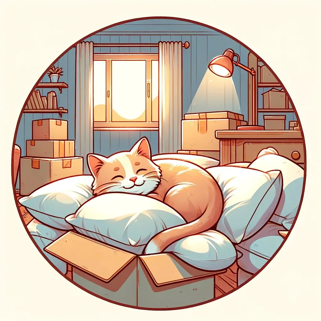 Kat in een reismand naast een verhuisdoos in een lichte kamer