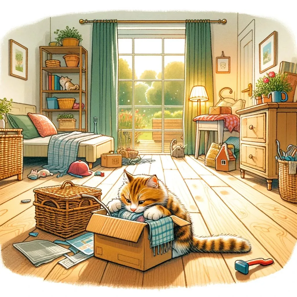 Kamer vol verhuisdozen met een kat die vanaf een doos toekijkt