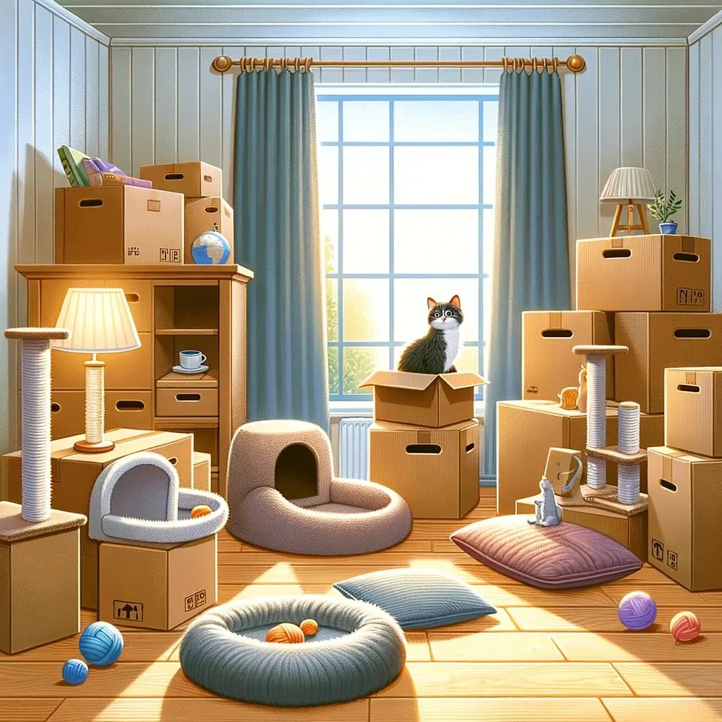 Kat die in een zonnige woonkamer van het nieuwe huis ligt te rusten